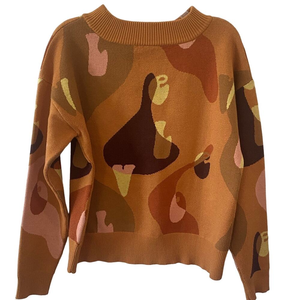 Never Fully Dressed Artist Sweater Jacquard Bold Print Beige Brown Size 6 - Picture 2 of 9